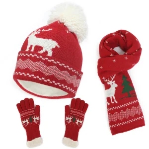 3-in-1-Set mit Beanie, Schal und Handschuhen im Weihnachtsstil