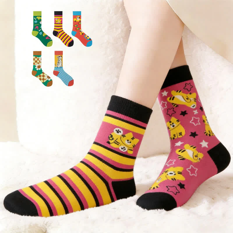 Bunte, gestreifte Viertelsocken mit Cartoon-Motiven (5 Paar)
