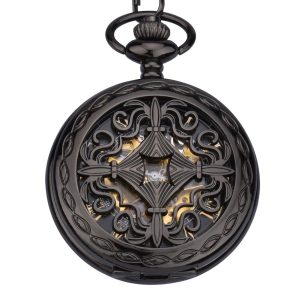 ZEIGER W-346 Taschenuhr in Schwarz mit skelettiertem Ziffernblatt mit goldenen Zahnrädern